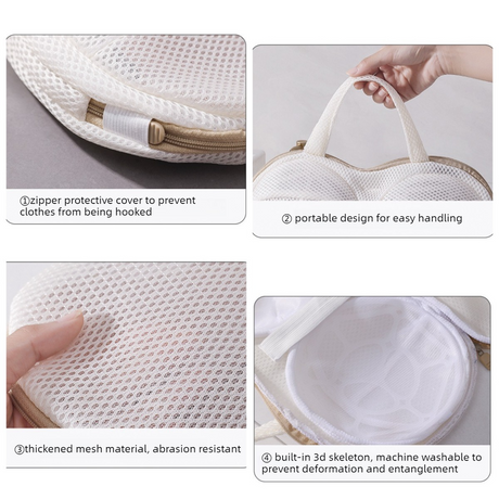 3D Support Bra Laundry Bag, Thick Mesh Bra Wash Bag with Zipper & Handle, Anti-Deformation Bra Protector for Washing Machine - Off-White