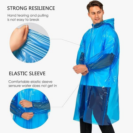 6-Pack - Disposable Thickened PE Rain Poncho, Waterproof Raincoat with Drawstring Hood & Elastic Cuffs, for Hiking, Concerts, and Outdoor Activities - Clear