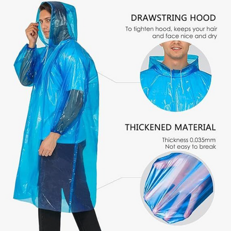 6-Pack - Disposable Thickened PE Rain Poncho, Waterproof Raincoat with Drawstring Hood & Elastic Cuffs, for Hiking, Concerts, and Outdoor Activities - Blue