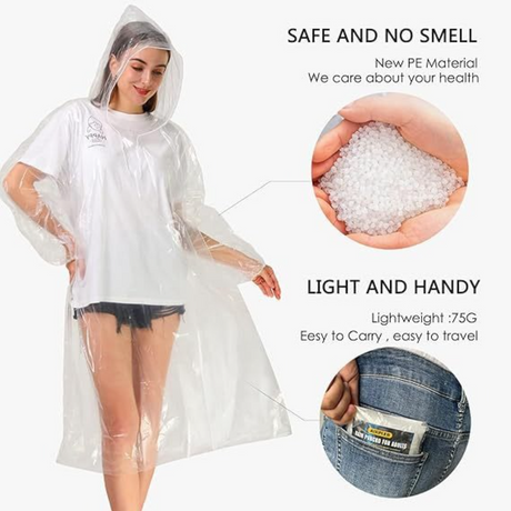 6-Pack - Disposable Thickened PE Rain Poncho, Waterproof Raincoat with Drawstring Hood & Elastic Cuffs, for Hiking, Concerts, and Outdoor Activities - Blue
