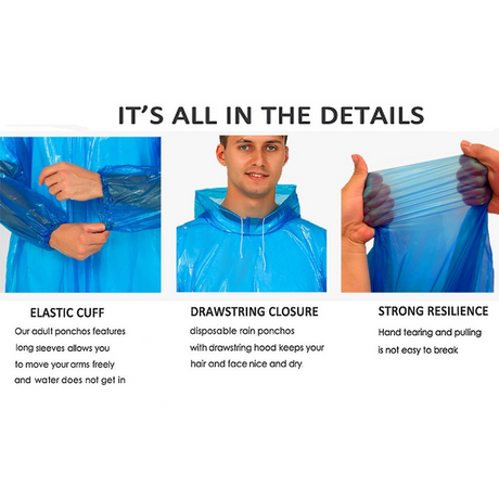 6-Pack - Disposable Thickened PE Rain Poncho, Waterproof Raincoat with Drawstring Hood & Elastic Cuffs, for Hiking, Concerts, and Outdoor Activities - Blue