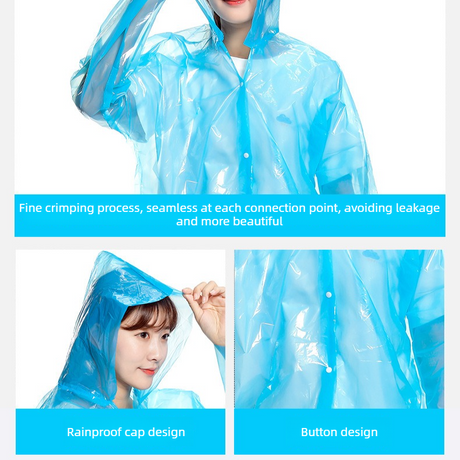 6-Pack - Disposable Thickened Open-Front Raincoat, Waterproof Poncho with Snap Buttons & Adjustable Hood, Portable for Hiking and Travel - Clear