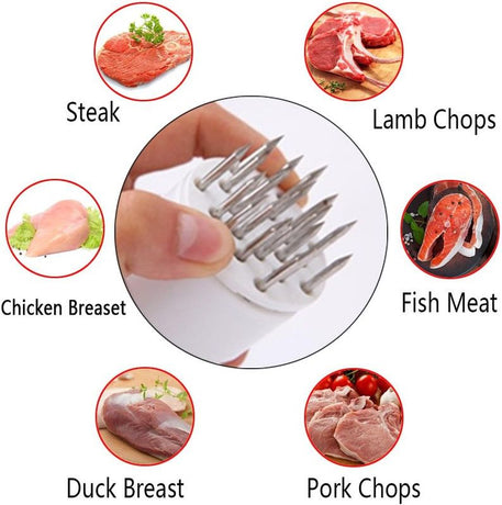 Stainless Steel Meat Tenderizer, 2.5cm Needle Pricker with Safety Guard & Automatic Rebound, for Steak, Pork, Chicken, BBQ & Marinade - White