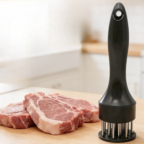 Stainless Steel Meat Tenderizer, 2.5cm Needle Pricker with Safety Guard & Automatic Rebound, for Steak, Pork, Chicken, BBQ & Marinade - White