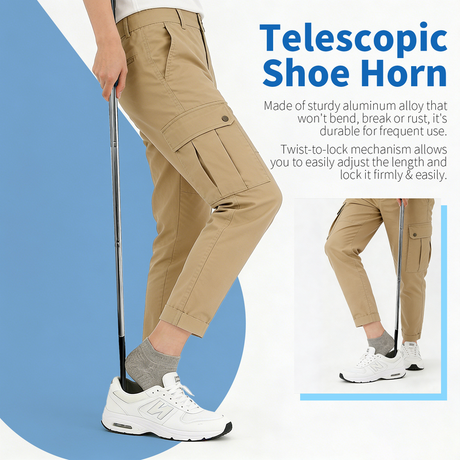 Retractable Stainless Steel Long Handle Shoe Horn, Portable No-Bend Shoe Helper for Elderly Pregnant Kids