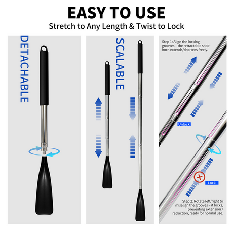 Retractable Stainless Steel Long Handle Shoe Horn, Portable No-Bend Shoe Helper for Elderly Pregnant Kids