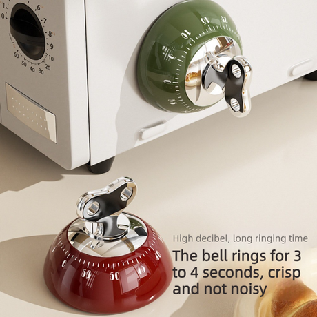 Vintage Magnetic Mechanical Kitchen Timer, 60-Minute Countdown Timer for the Fridge, Battery-Free Cooking Alarm—Red