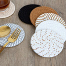 INS Style Round Cotton Woven Heat-Resistant Coasters, 8-Piece Set of Thick Table Pot Mats with Free Iron Storage Rack—White-Brown