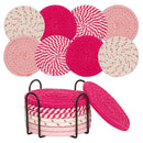 INS Style Round Cotton Woven Heat-Resistant Coasters, 8-Piece Set of Thick Table and Pot Mats with Free Iron Storage Rack - Pink