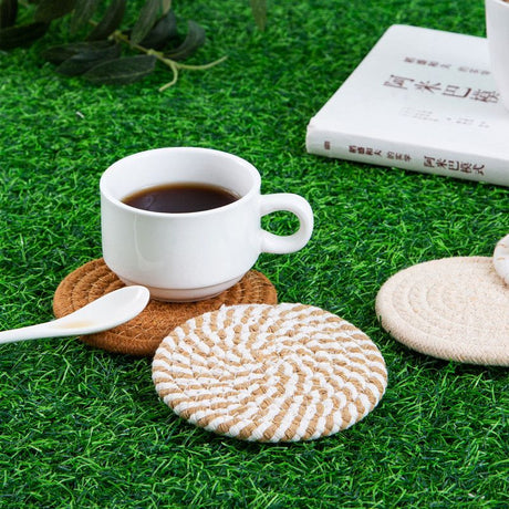 INS Style Round Cotton Woven Heat-Resistant Coasters, 8-Piece Set of Thick Table and Pot Mats with Free Iron Storage Rack - Pink