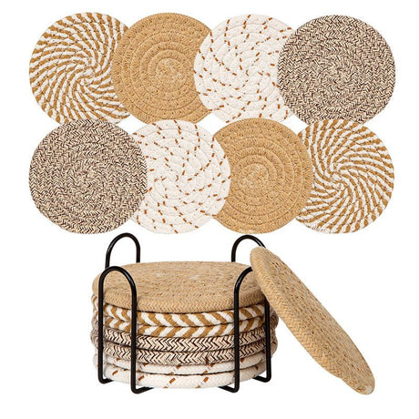 INS Style Round Cotton Woven Heat-Resistant Coasters, 8-Piece Set of Thick Table Pot Mats with Free Iron Storage Rack—Gray-Brown