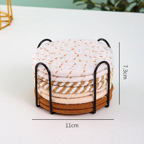 INS Style Round Cotton Woven Heat-Resistant Coasters, 8-Piece Set of Thick Table and Pot Mats with Free Iron Storage Rack - Striped