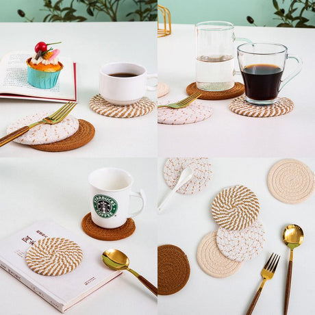 INS Style Round Cotton Woven Heat-Resistant Coasters, 8-Piece Set of Thick Table and Pot Mats with Free Iron Storage Rack - Striped