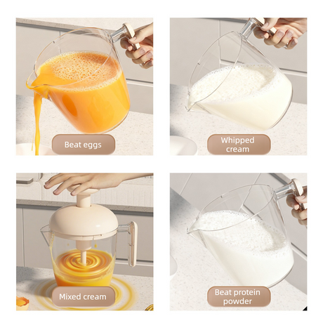 Semi-Auto Press Egg Mixer Cup, Large-Capacity Hand Whisk with Filter Spout for Baking, Whipping Cream, and Beating Eggs—White
