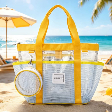 Multi-Pocket Mesh Beach Swim Bag, Dry/Wet Separation, Large Capacity Gym Tote with Bonus Mini Round Mesh Pouch - Orange