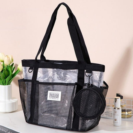 Multi-Pocket Mesh Beach Swim Bag, Dry/Wet Separation, Large Capacity Gym Tote with Bonus Mini Round Mesh Pouch—Black