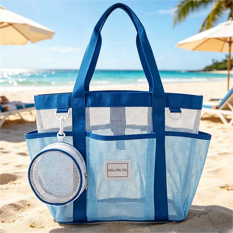 Multi-Pocket Mesh Beach Swim Bag, Dry/Wet Separation, Large Capacity Gym Tote with Bonus Mini Round Mesh Pouch - Blue