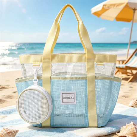 Multi-Pocket Mesh Beach Swim Bag, Dry/Wet Separation, Large Capacity Gym Tote with Bonus Mini Round Mesh Pouch - Beige