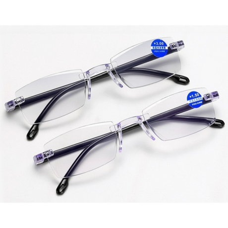 Rimless Diamond-Cut Anti-Blue-Light Reading Glasses +1.50 Diopter, Unisex, 2-Pack (Same Prescription) with 2 Clear Plastic Cases