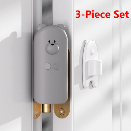 Cute Bear Door Pinch Guard, Baby Safety Door Stopper, No-Drill Door Clip, 3-Pack—Gray