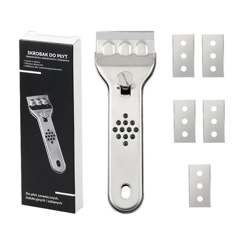 Stainless Steel Multi-Functional Cleaning Scraper, Glue & Stain Remover for Glass Tile, with 5 Replacement Blades