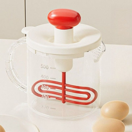 Semi-Auto Press Egg Beater Cup, Large-Capacity Measuring Manual Whisk for Cream & Egg Mixing—Red