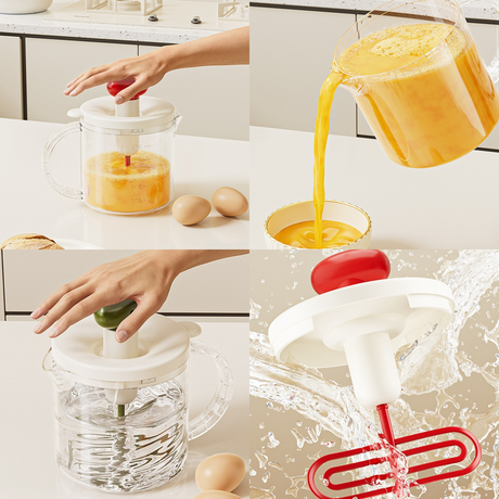 Semi-Auto Press Egg Beater Cup, Large-Capacity Measuring Manual Whisk for Cream & Egg Mixing—Yellow