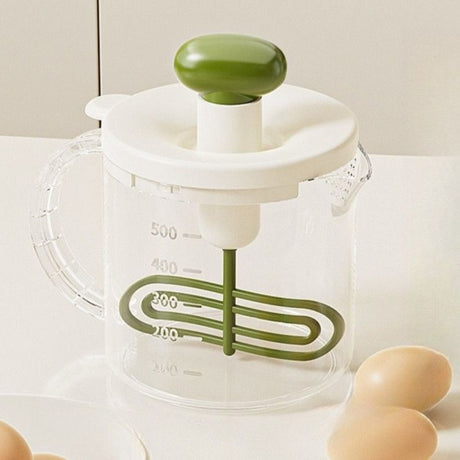Semi-Auto Press Egg Beater Cup, Large-Capacity Measuring Manual Whisk for Cream & Egg Mixing—Green