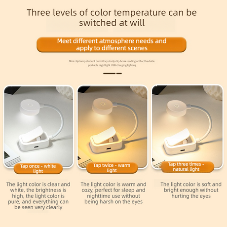 USB Rechargeable 3 Color Temperature Mini Clip Book Light, Portable LED Eye-Care Reading Lamp for Dorm & Bedside