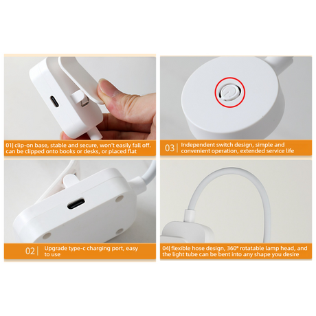 USB Rechargeable 3 Color Temperature Mini Clip Book Light, Portable LED Eye-Care Reading Lamp for Dorm & Bedside