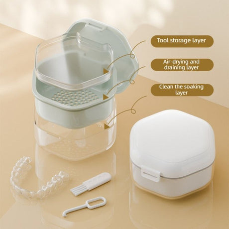 3-Layer Drainable Retainer Storage Case, Portable Invisible Braces & Denture Soaking Cleaning Box—Yellow
