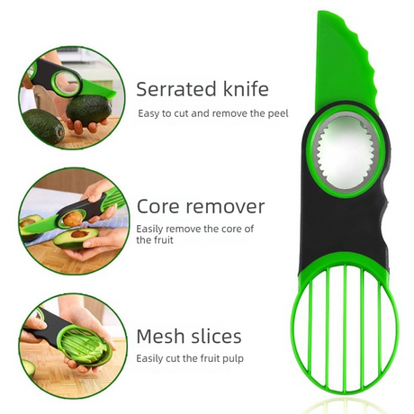 3-in-1 Avocado Slicer and Cutter, Multi-Functional Avocado Pitter & Slicing Tool for Fruit Prep—Green