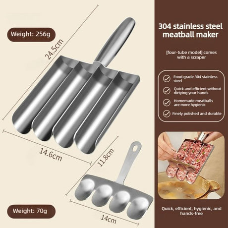 304 Stainless Steel Meatball Maker, Multi-size Paste Rice Ball Mold with Scoop for the Kitchen—Four Tubes