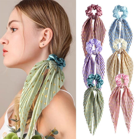 Printed Pleated Scarf Scrunchie, Elegant Long Ribbon Hair Tie for Women—Ponytail Hair Accessories (3-Pack)—Green