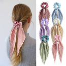 Printed Pleated Scarf Scrunchie, Elegant Long Ribbon Hair Tie for Women—Ponytail Hair Accessories (3-Pack)—Green