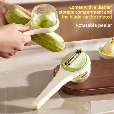 Rotatable Vegetable Peeler with Peel Storage Container, Anti-Splash Stainless Steel Peeling Tool—Green