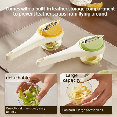 Rotatable Vegetable Peeler with Peel Storage Container, Anti-Splash Stainless Steel Peeling Tool—Green