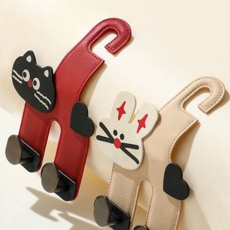 Cartoon Leather Car Seat Back Dual Hook 2-in-1 Car Hanger & Phone Holder—Beige