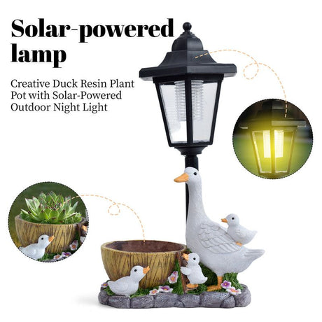 Creative Cute Duck Resin Flower Pot Solar Outdoor Light, Courtyard and Garden Decorative Ornament—Retro Lawn Ambiance Night Light, Multifunctional Flower Pot Ornament, Balcony Plant Decorative Floor Lamp