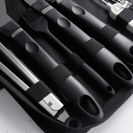 Complete Multi-Functional BBQ Tool Set, 31-Piece Deluxe BBQ Tool Set, Food-Grade Stainless Steel BBQ Tools with Wood-Grain Handles—Ideal for Home and Outdoor BBQs, Includes Portable Camping Storage Bag—Black