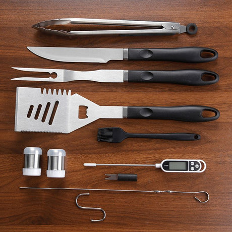 Complete Multi-Functional BBQ Tool Set, 31-Piece Deluxe BBQ Tool Set, Food-Grade Stainless Steel BBQ Tools with Wood-Grain Handles—Ideal for Home and Outdoor BBQs, Includes Portable Camping Storage Bag—Black