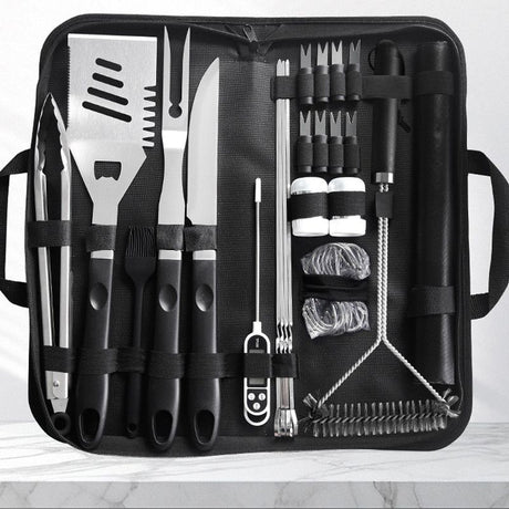 Complete Multi-Functional BBQ Tool Set, 31-Piece Deluxe BBQ Tool Set, Food-Grade Stainless Steel BBQ Tools with Wood-Grain Handles—Ideal for Home and Outdoor BBQs, Includes Portable Camping Storage Bag—Black
