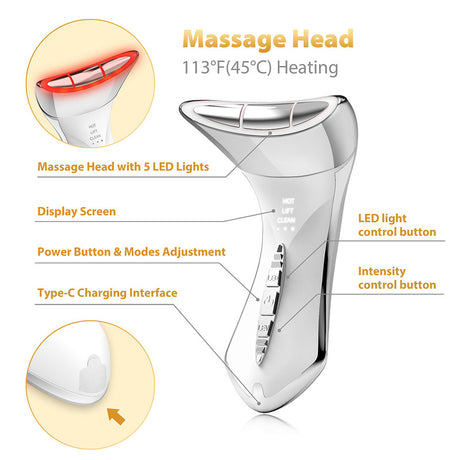 Multi-Function 7-Color Light Constant-Temperature EMS Neck Massager - Neck Lifting and Firming Massager - Facial Infusion Beauty Device - IPX6 Waterproof Electric Neck Massager - 5-in-1 Device Combining Skin Warming, EMS, Infusion, Massage, and Color Ligh