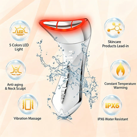 Multi-Function 7-Color Light Constant-Temperature EMS Neck Massager - Neck Lifting and Firming Massager - Facial Infusion Beauty Device - IPX6 Waterproof Electric Neck Massager - 5-in-1 Device Combining Skin Warming, EMS, Infusion, Massage, and Color Ligh