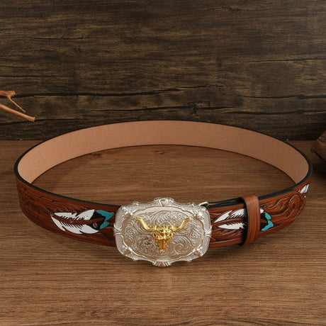 Vintage Western Cowboy Belt – Retro Bull Head Embossed Genuine Leather Belt for Men