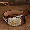 Vintage Western Cowboy Belt – Retro Bull Head Embossed Genuine Leather Belt for Men