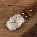 Vintage Western Cowboy Belt – Retro Bull Head Embossed Genuine Leather Belt for Men