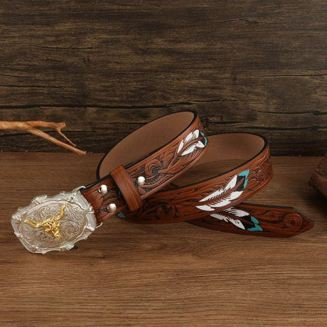 Vintage Western Cowboy Belt – Retro Bull Head Embossed Genuine Leather Belt for Men