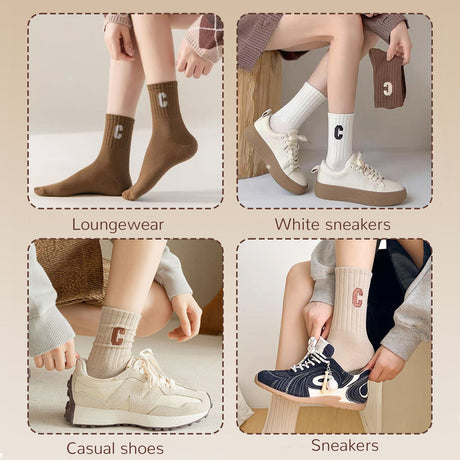 Socks - 5 Pairs of Women's Socks - Women's Athletic Socks - Soft - Breathable - Casual Socks - Fashionable Instagram-Style - All-Season - One-Size-Fits-All Women's Socks - Simple Letter Print - Women's Ankle Socks