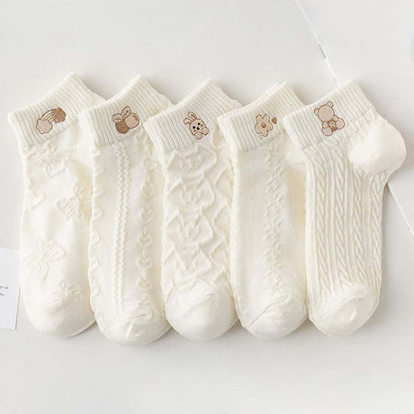 5-Pair White Series Ankle Socks, Women's Cute Socks - Printed Socks - House Socks - Casual Socks.